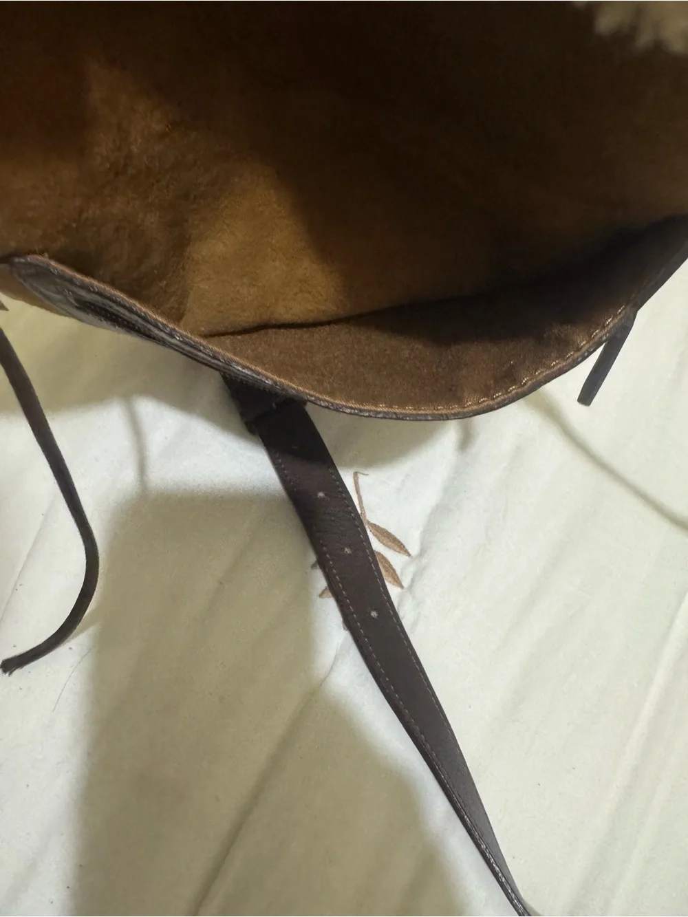 UGG Brown Suede and Dark Brown Leather Messenger Bag with Shearling Trim